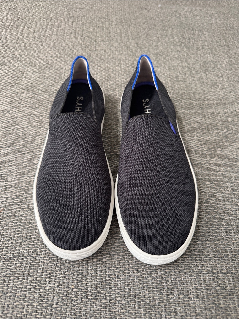 Rothy's Original Slip-On Sneakers Black Blue White Stripe | 8.5